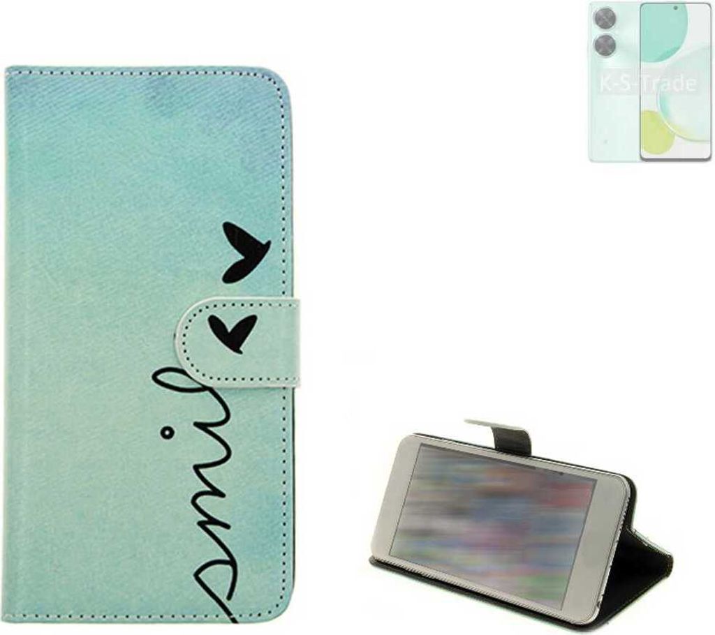 K-S-Trade Schutz Hülle Handy Hülle kompatibel mit Huawei Nova 11i Hülle Handyhülle cover bookstyle Etui Handyhülle “smile“ türkis