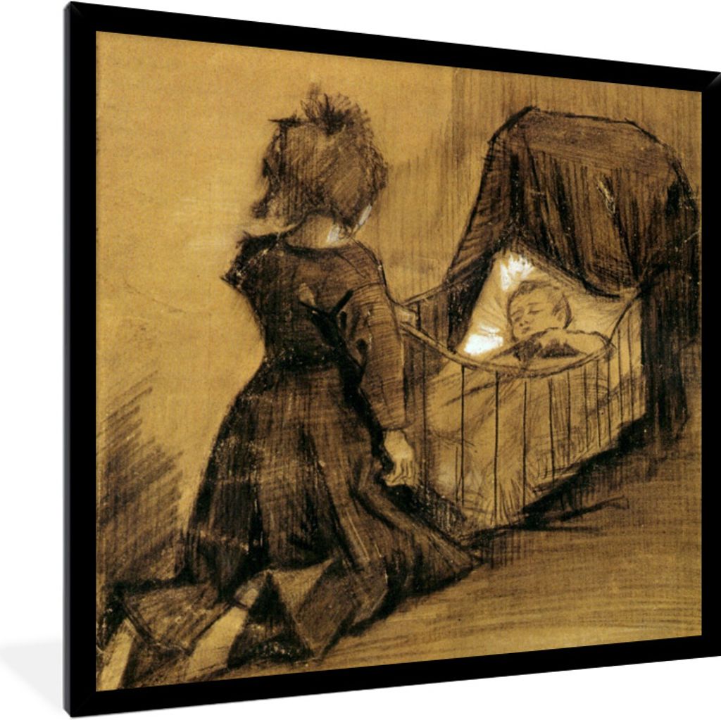 MuchoWow Gerahmtes Poster Mädchen kniend bei einer Wiege - Vincent van Gogh 40x40 cm - Poster mit Schwarzem Bilderrahmen Wandposter Rahmen Foto ...