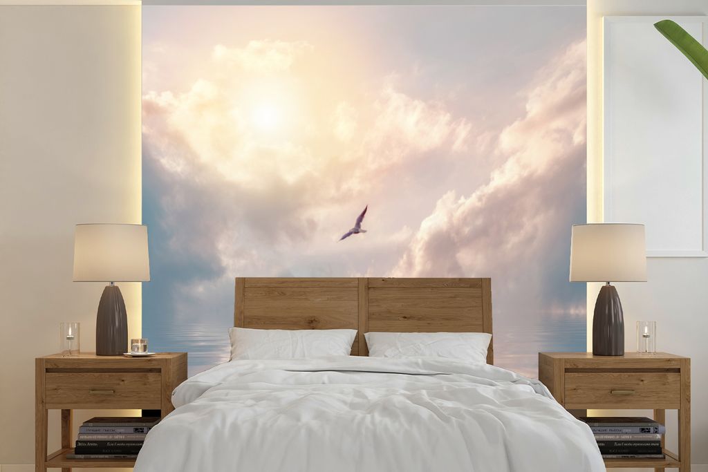 MuchoWow Fototapete für Wohnzimmer oder Schlafzimmer Wandtapete Vinyl Motivtapete Vogel - Meer - Sonne - 300x300 cm - Wanddekoration