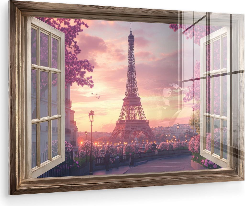 MuchoWow Glasbilder - Bilder auf Wandbild - Foto auf Glas Durchsichtig - Paris - Eiffelturm - Rosa - Kirschblüte 30x20 cm Wanddekoration aus Glas ...