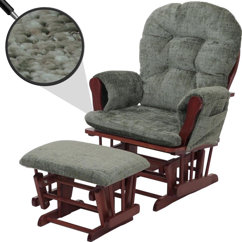 A green fabric glider chair and ottoman set with a dark wood frame, shown against a white background. A magnified inset shows the texture of the fabric.