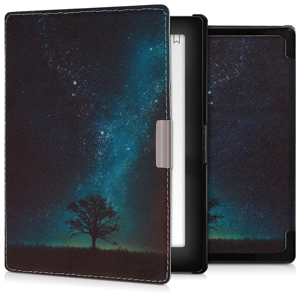 kwmobile Schutzhülle für Kobo Aura Edition 1 Hülle - eReader Flip Case mit Auto Sleep Funktion - Galaxie Baum Wiese mit Blau Grau Schwarz