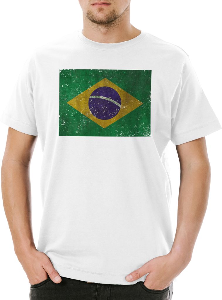 Urban Backwoods Brazil Flag Vintage Logo, Herren T-Shirt, Farbe: Weiß, Größe: XS
