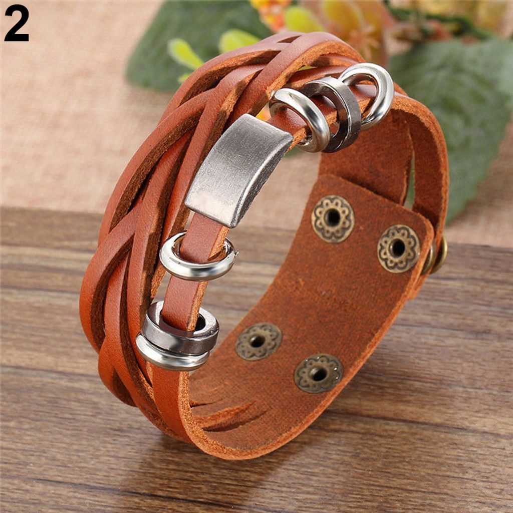 Vintage Herren Damen Kunstleder Mehrschichtiges Armband Armreif Schmuck-Braun