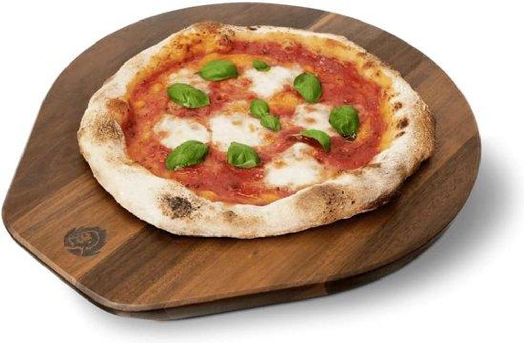 34cm Pizzabrett aus Akazieholz - runde Pizzascheibe mit Griff, Pizzatoolen, Servierbrett