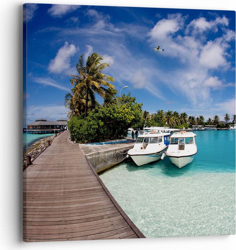Bild auf Leinwand - Leinwandbild - Maledische Insel Archipel Ozean Hütte - 40x40cm - Wand Bild - Wanddeko - Leinwanddruck - Bilder - Kunstdruck - ...
