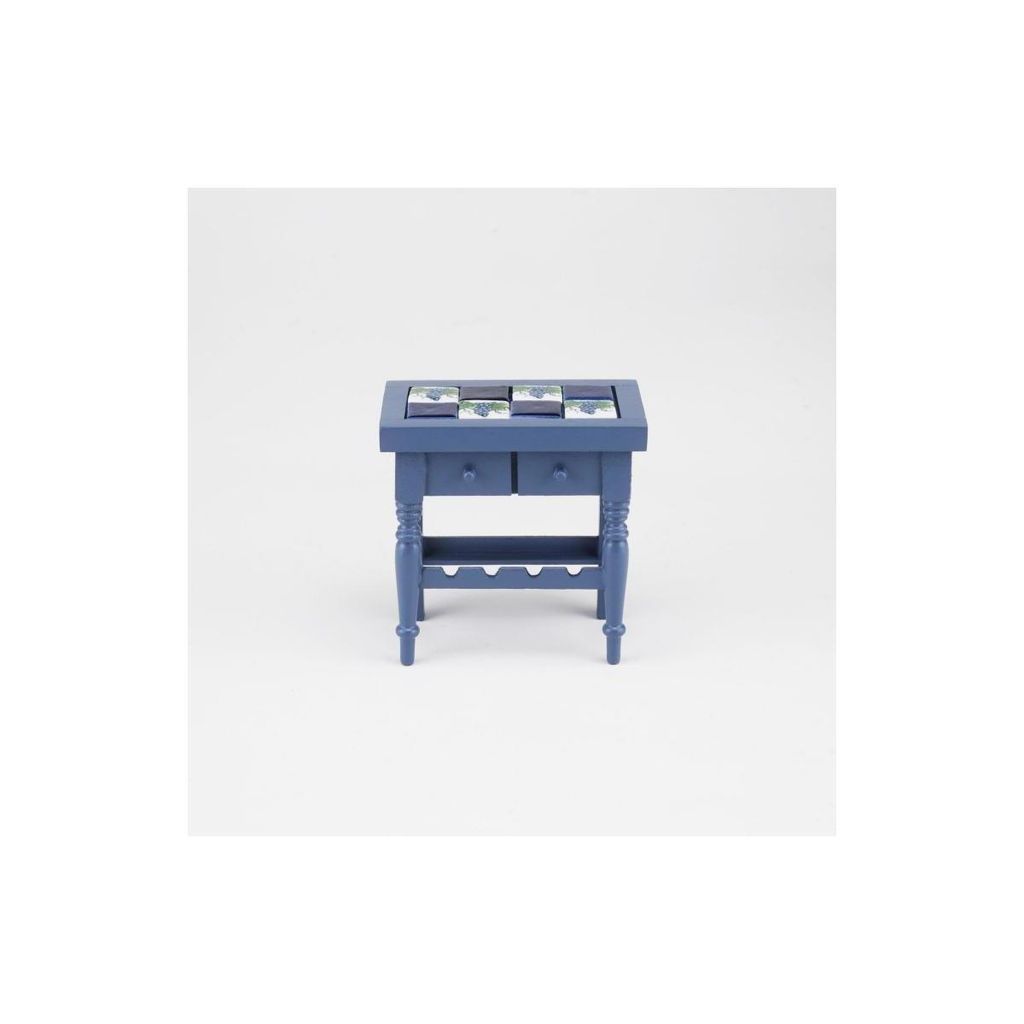 Miniatur Küchentisch blau mit Weinhalter – 1:12 für Puppenhaus
