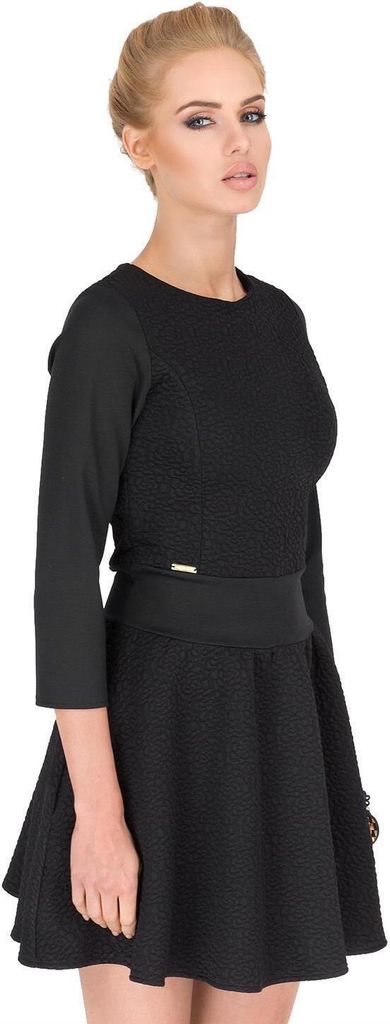 Kleid mit Struktur elegant A-Form 3/4 Arm Minikleid, Schwarz S/36