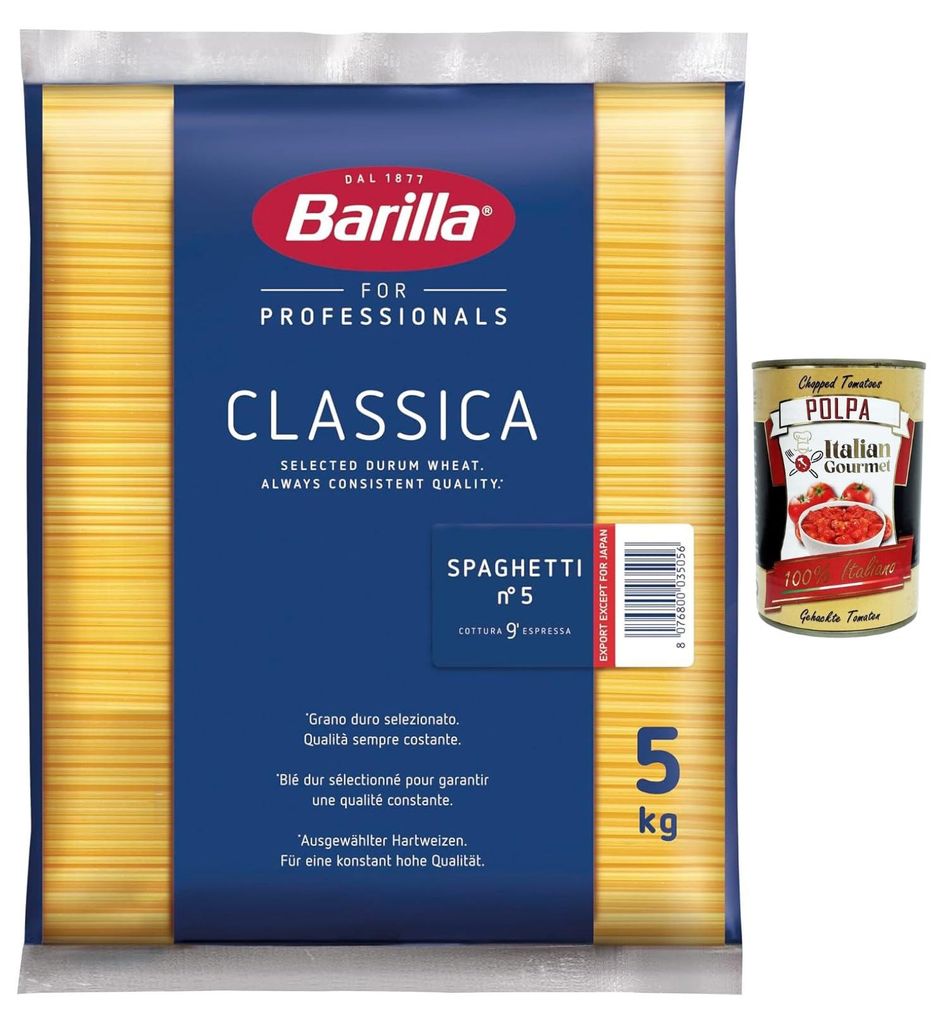 Barilla Spaghetti N.5 Classica 5 kg – Profi-Großpackung aus Hartweizengrieß, Kochzeit 9 Min., ideale Bissfestigkeit & Saucenbindung, Vorratspac...
