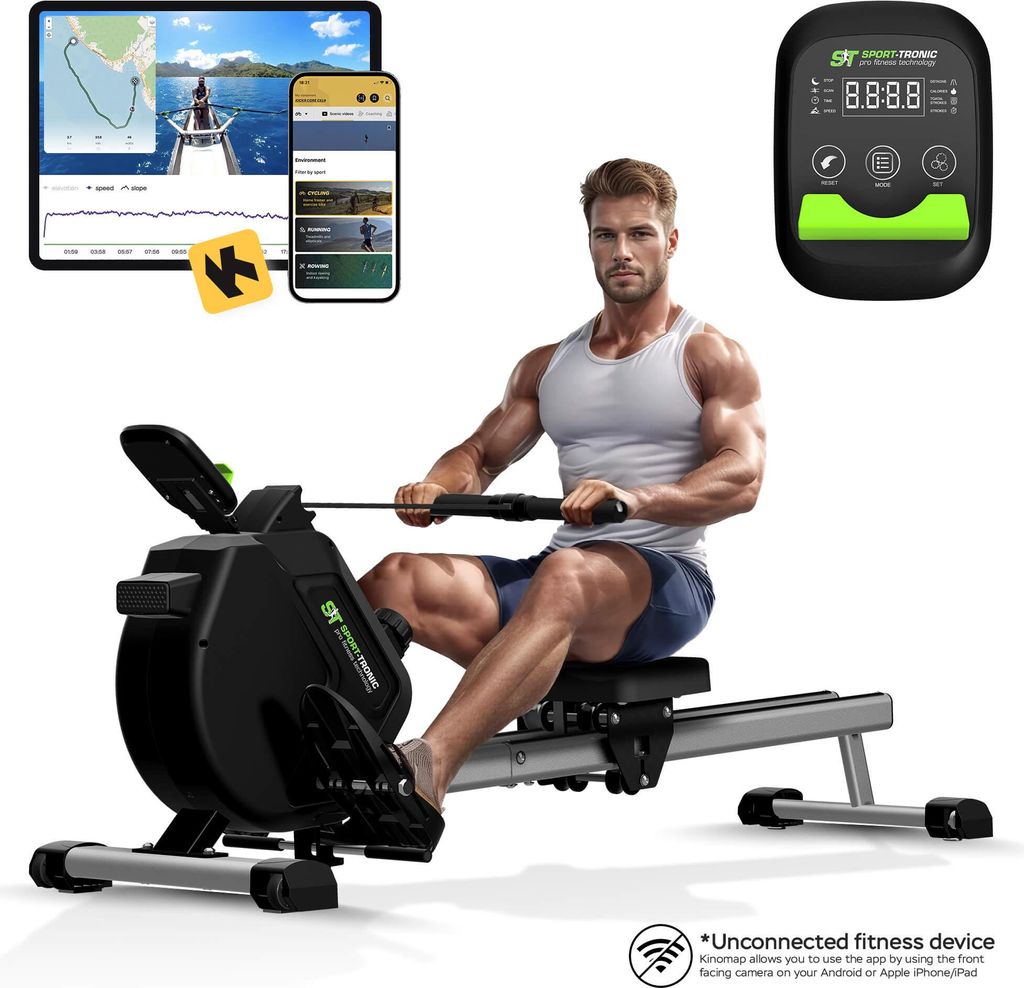 SportTronic Rudergerät - ST-X8 - Magnet Rudergerät leise, Doppelgleitschiene, 16 Widerstandsstufen, LCD-Computer, klappbar, Ganzkörpertraining b...