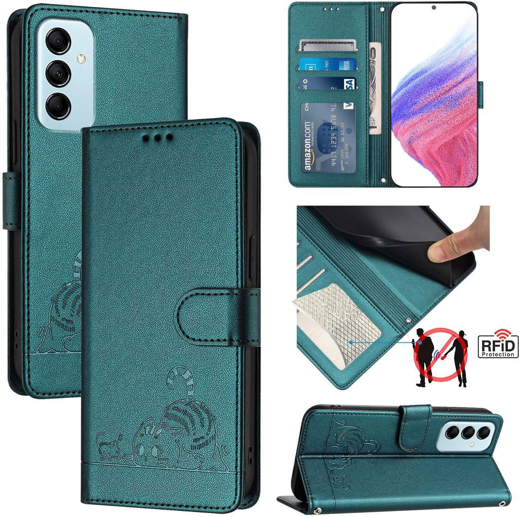 Leder Hülle für Samsung Galaxy M14 5G Süße Katze Flip Case Brieftasche Schutzhülle mit Standfunktion Grün
