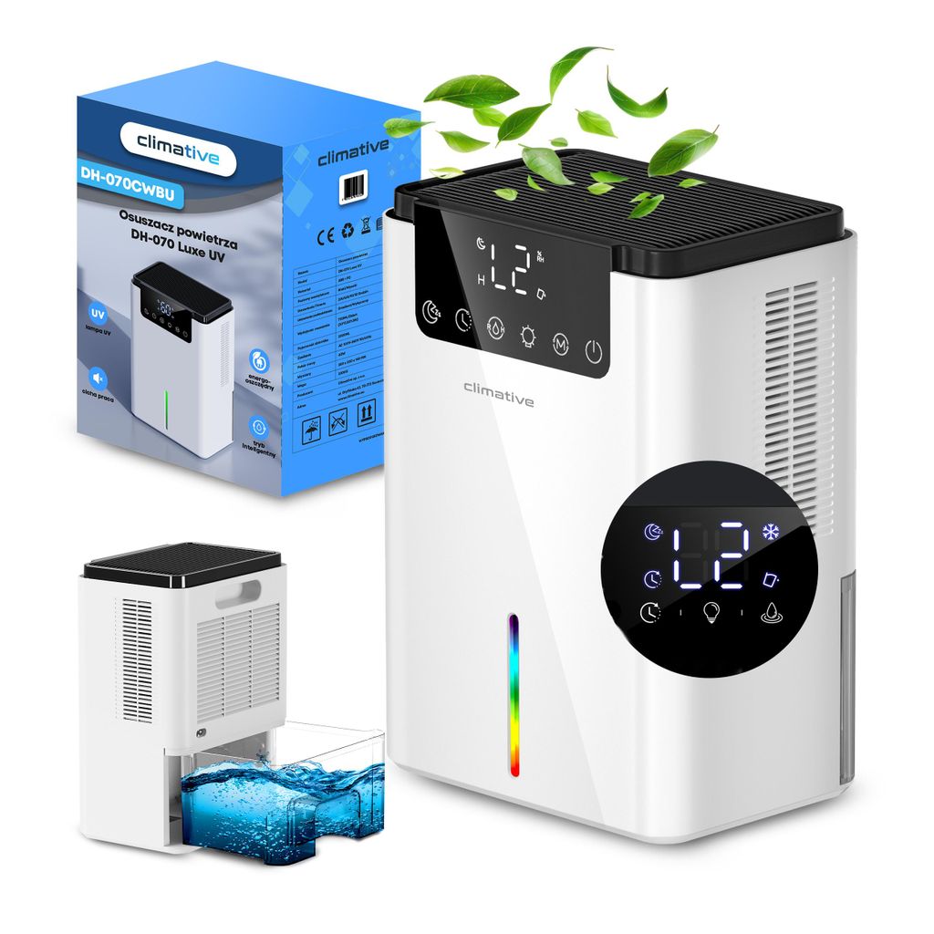 A collage showcasing a white dehumidifier with a digital display and a water tank. The packaging for the dehumidifier is also shown.