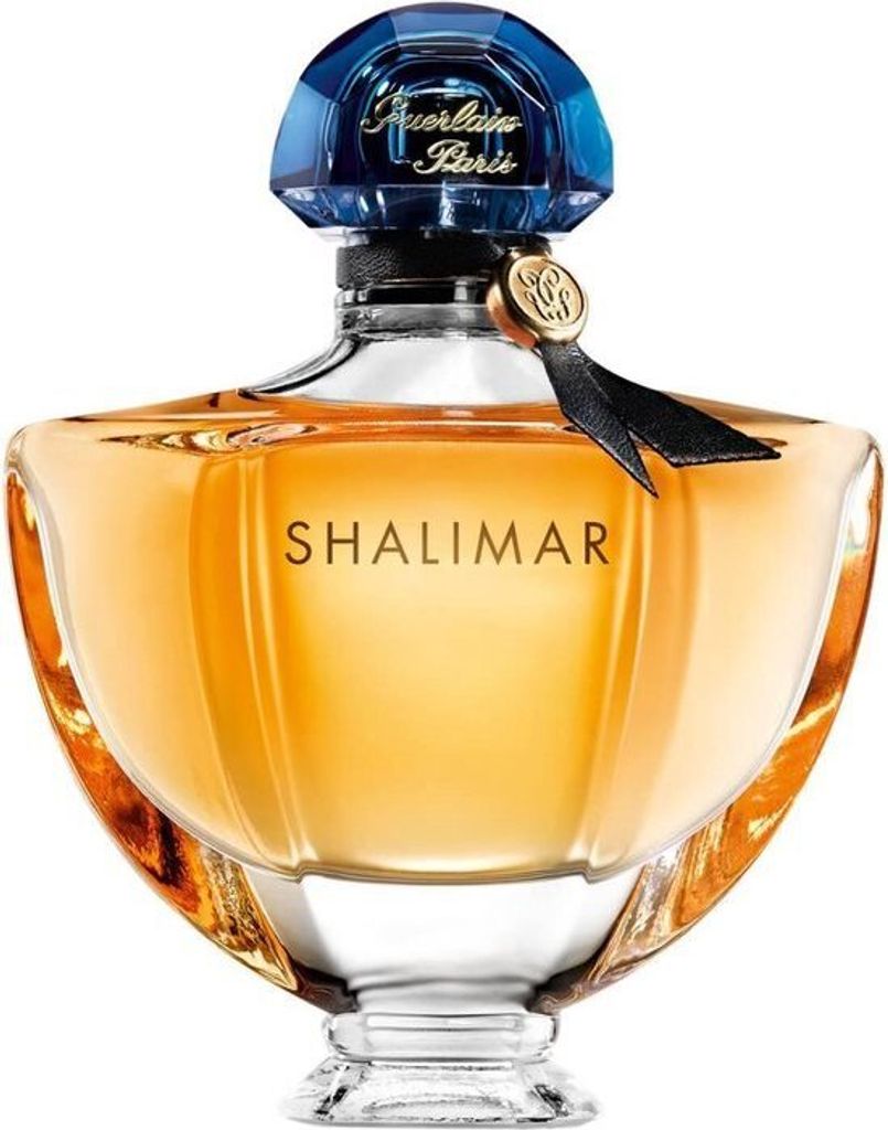 A bottle of Guerlain Shalimar Eau de Parfum.