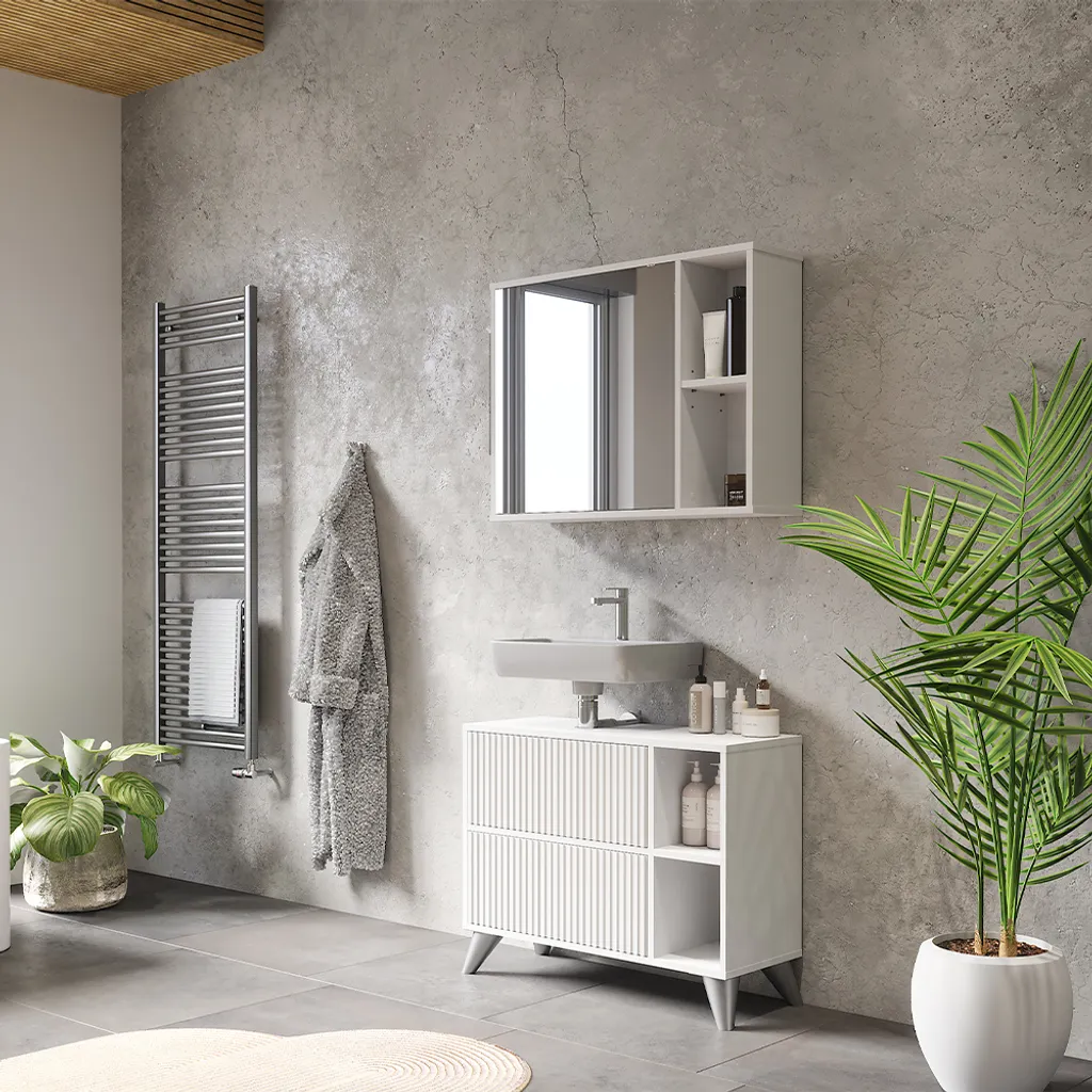 Meuble sous vasque blanc 80cm 2 tiroirs Vicco Leano finition laquée