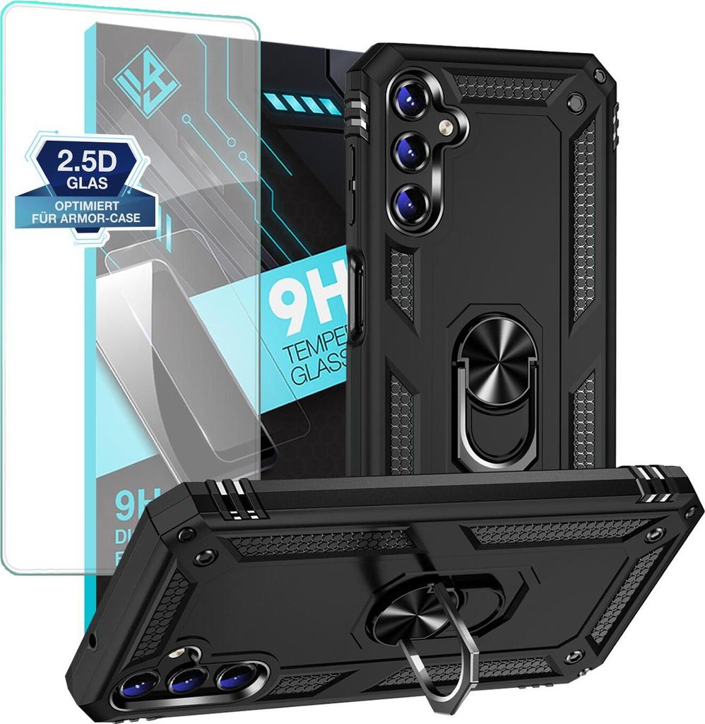 A product shot of a black phone case and screen protector, with marketing text and graphics.