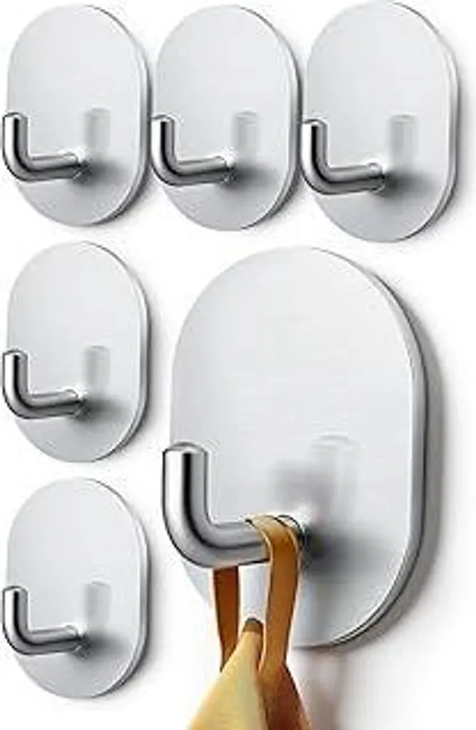 Gancio portasciugamani, confezione da 6 | Ganci adesivi da parete | Ganci adesivi in acciaio inossidabile | Ideali per bagno, cucina e ufficio (argento)
