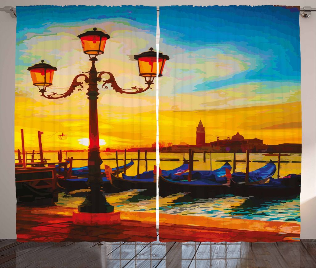 ABAKUHAUS Venedig Rustikaler Vorhang, Antike Laterne Gondeln, Wohnzimmer Universalband Gardinen mit Schlaufen und Haken, 280 x 225 cm, Orange Gelb ...