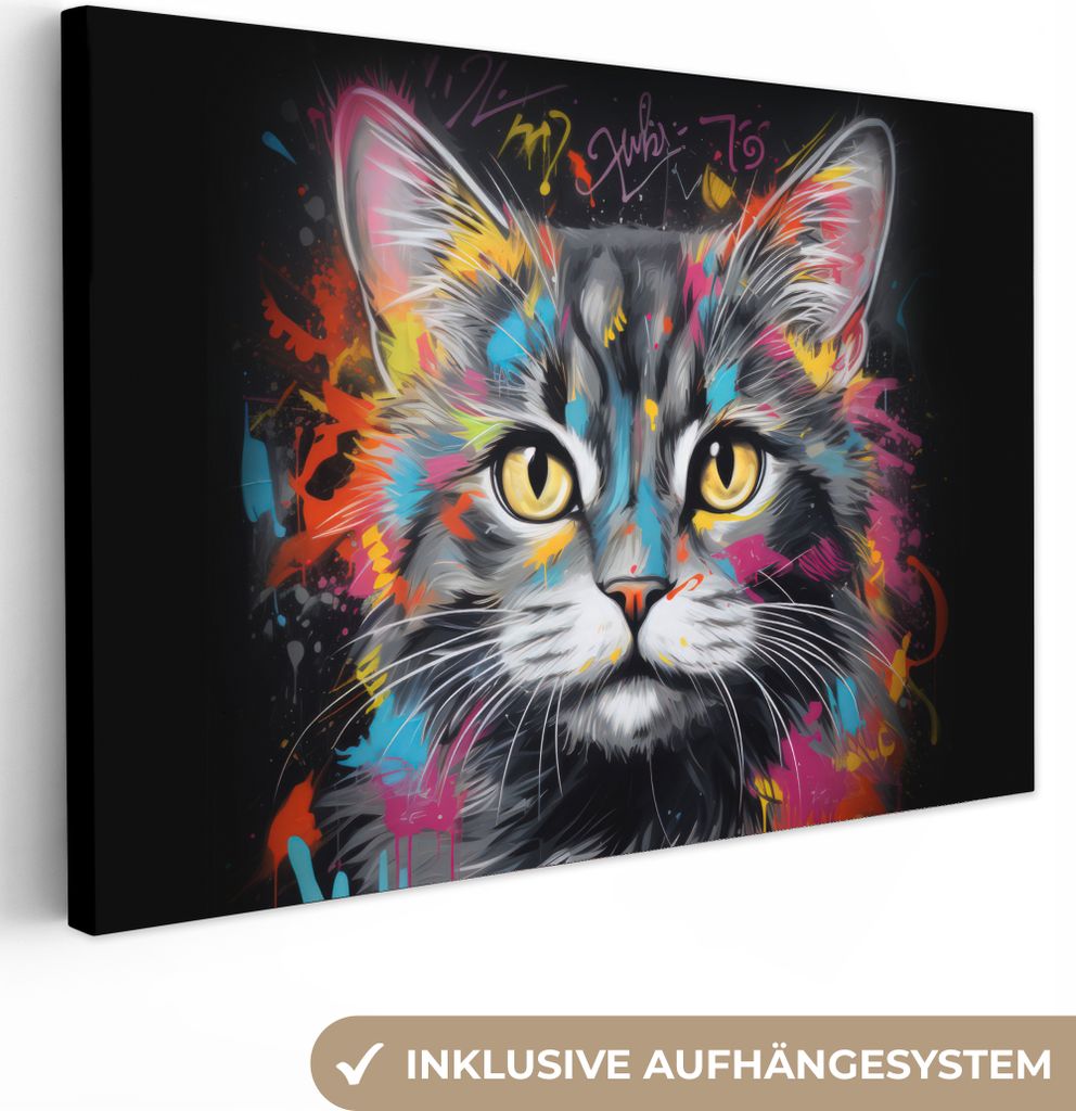 Leinwandbilder 90x60 cm - Graffiti - Katze - Tiere - Farben - Grau, Bilder Wohnzimmer Modern, Wanddeko