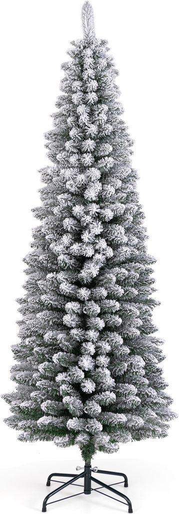 A full shot of a flocked artificial Christmas tree on a white background.