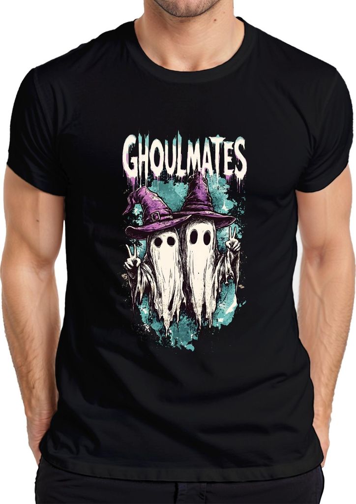 Ghoulmates Halloween Gespenster Geister Pärchen Hexenhut Vintage Herren T-Shirt, Schwarz, 3XL
