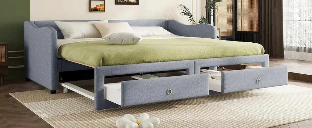 Lit Gigogne 90x200cm Tissu Gris 2 Tiroirs pour Gain de Place Malin
