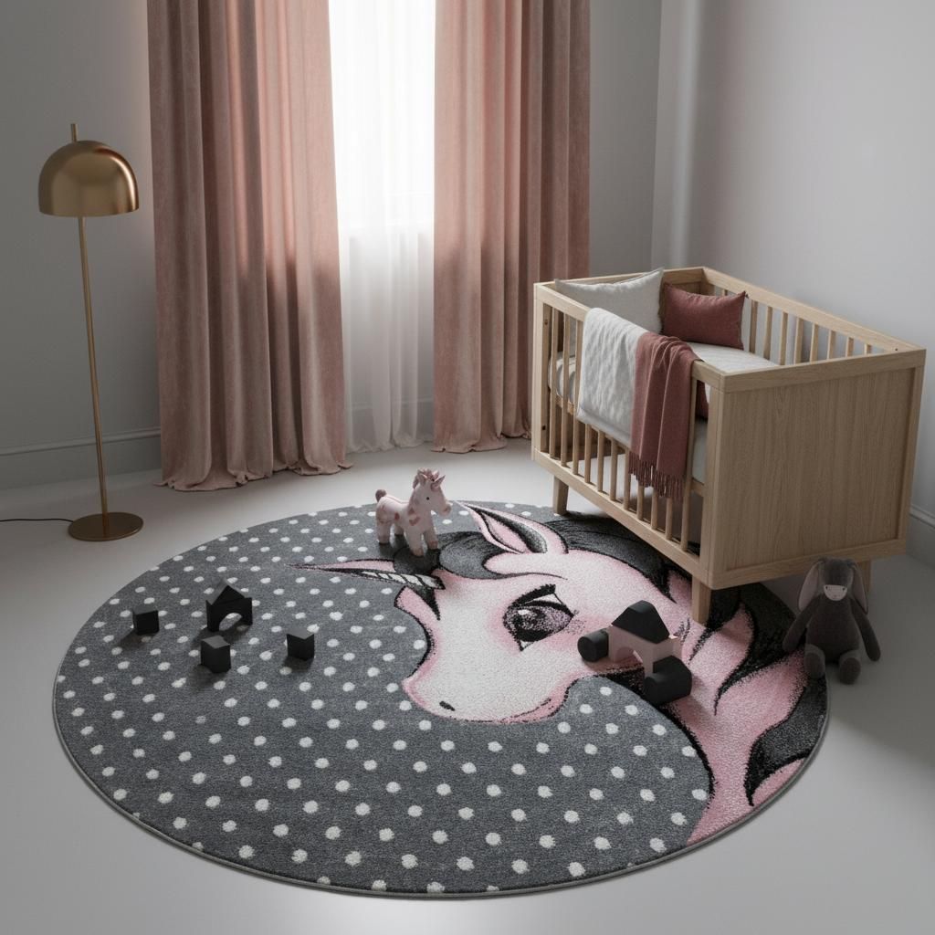 Kinderzimmerteppich Einhorn Kindgerecht Waschbar Strapazierfähig | Rund Pink 120x120 cm Jugendzimmer Schadstoff | TASNA – Kadima Design