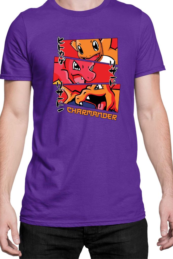 Herren T-Shirt Japan Manga Anime Comics Animation Pokeball Charmander Evolutions, Man S / Lila