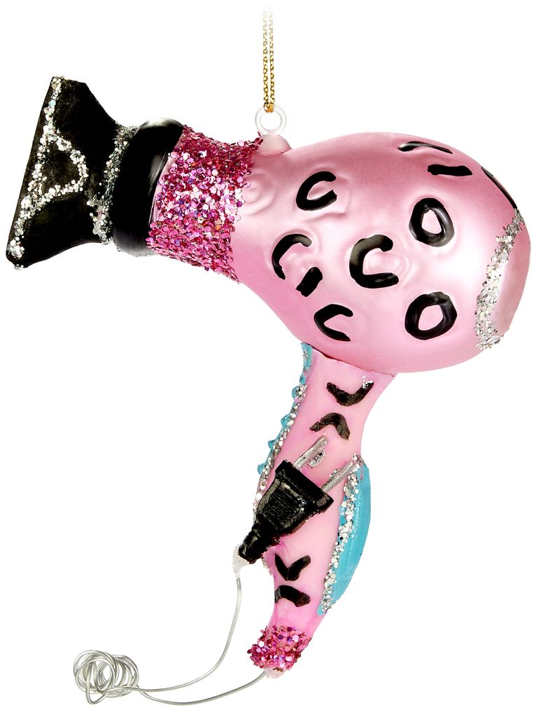 BRUBAKER Föhn Rosa mit Leopard Muster - Handbemalte Weihnachtskugel aus Glas - 12 cm Baumkugel - Glitzer für Frauen - Mundgeblasener Christbaumsc...