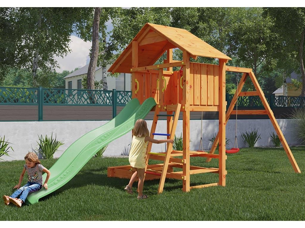 Spielturm Smart 1 teakfarben inkl. Rutsche grün