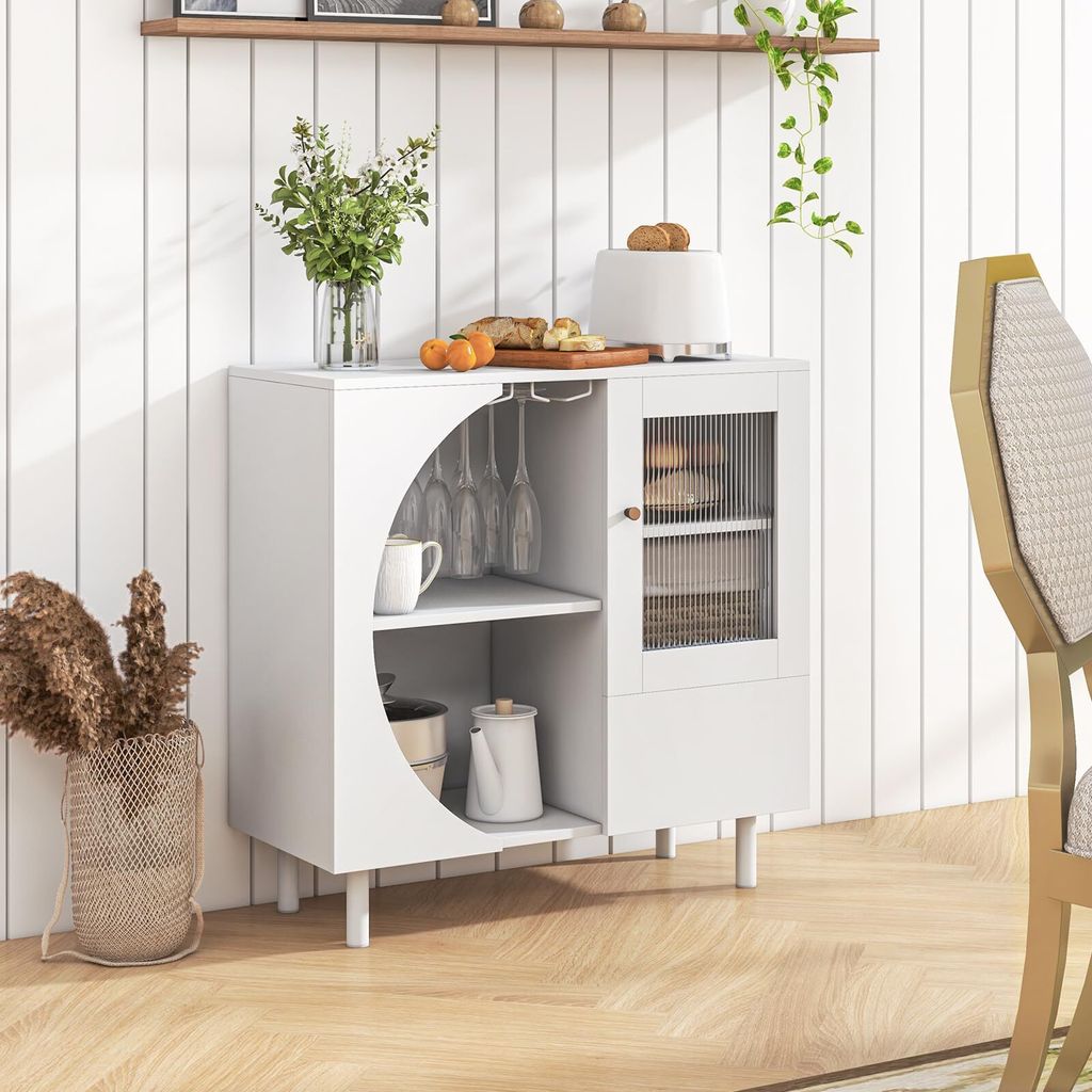 Küchenschrank mit Weinglashalter für 6-8 Gläser, Sideboard mit 6 Fächern & 3 Türen, Kommode Holz bis 150kg belastbar, 80 x 30 x 80 cm (Weiß)