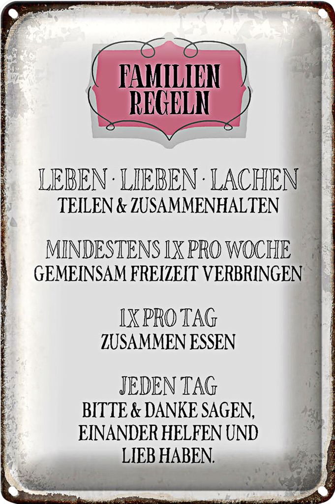 Blechschild Spruch 20x30cm Familien Regeln leben lieben