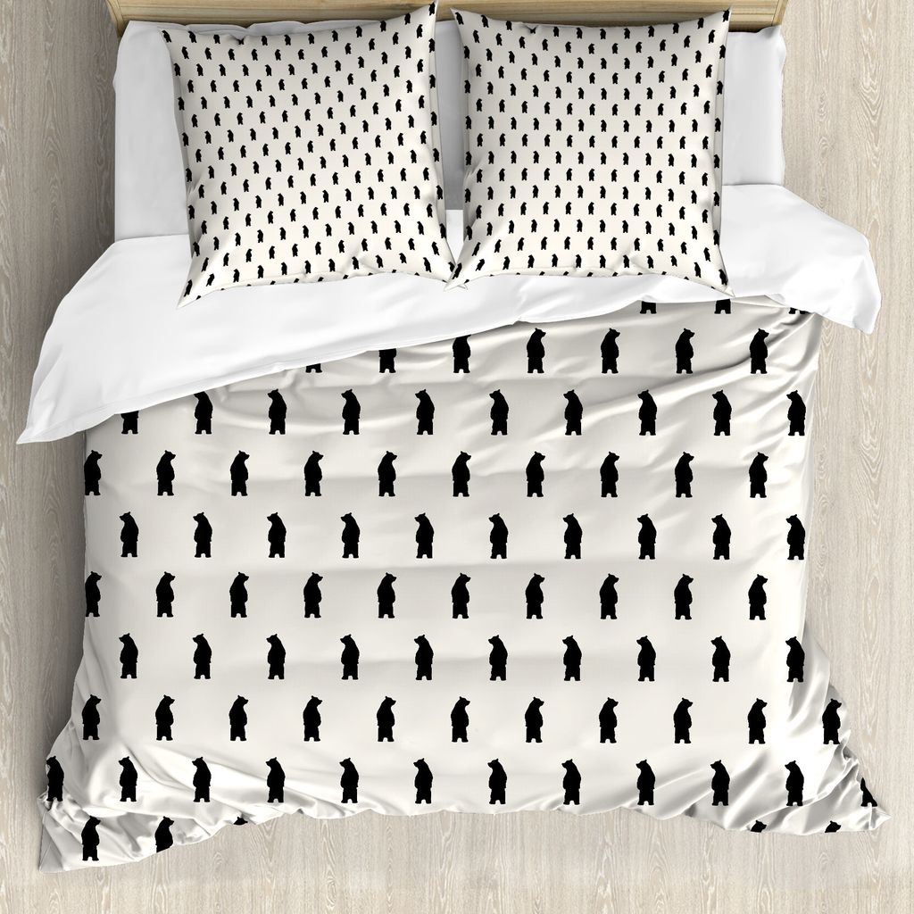 ABAKUHAUS Tier Bettbezug, Black Bear Silhouetten, Milbensicher Allergiker geeignet mit Kissenbezügen, 200 cm x 200 cm - 80 x 80 cm, Creme und Schwarz