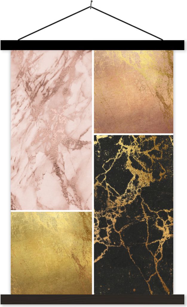 MuchoWow Textilposter Marmor - Collage - Gold 40x60 cm mit schwarzem Rahmen - Wanddekorationen