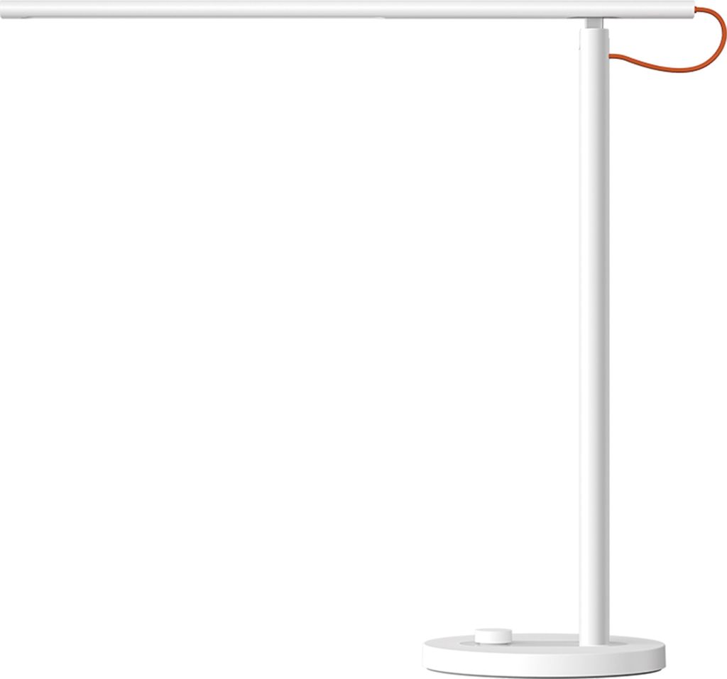 A white desk lamp with an orange cord on a white background.