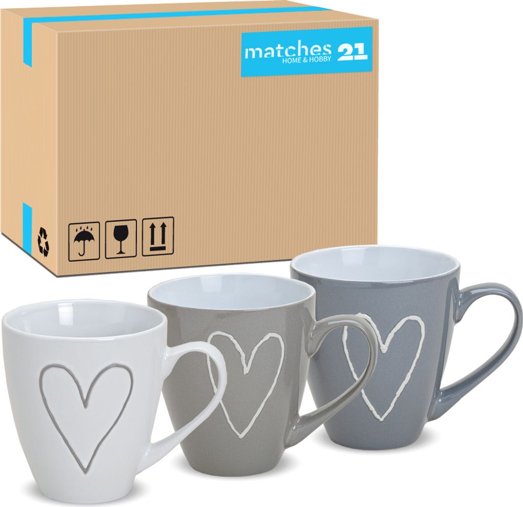 matches21 Große Jumbo Becher Tassen Kaffeetassen Kaffeebecher Herzen Herzdekor grau / beige / weiß Keramik 24 Stk. Karton je 11 cm / 400 ml