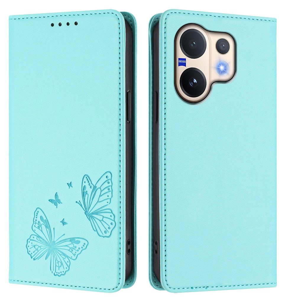Lederhülle für Vivo V60 5G, Schmetterling Prägung Leder Brieftasche Schutzhülle mit Ständer Türkis