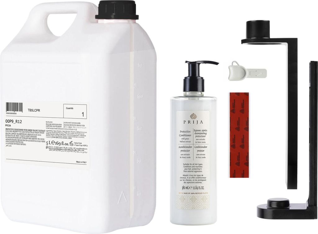 PRIJA Badezimmer-Set: schwarzer Flaschenhalter, 380ml Schutzhaarspülung + 5l Vorrat