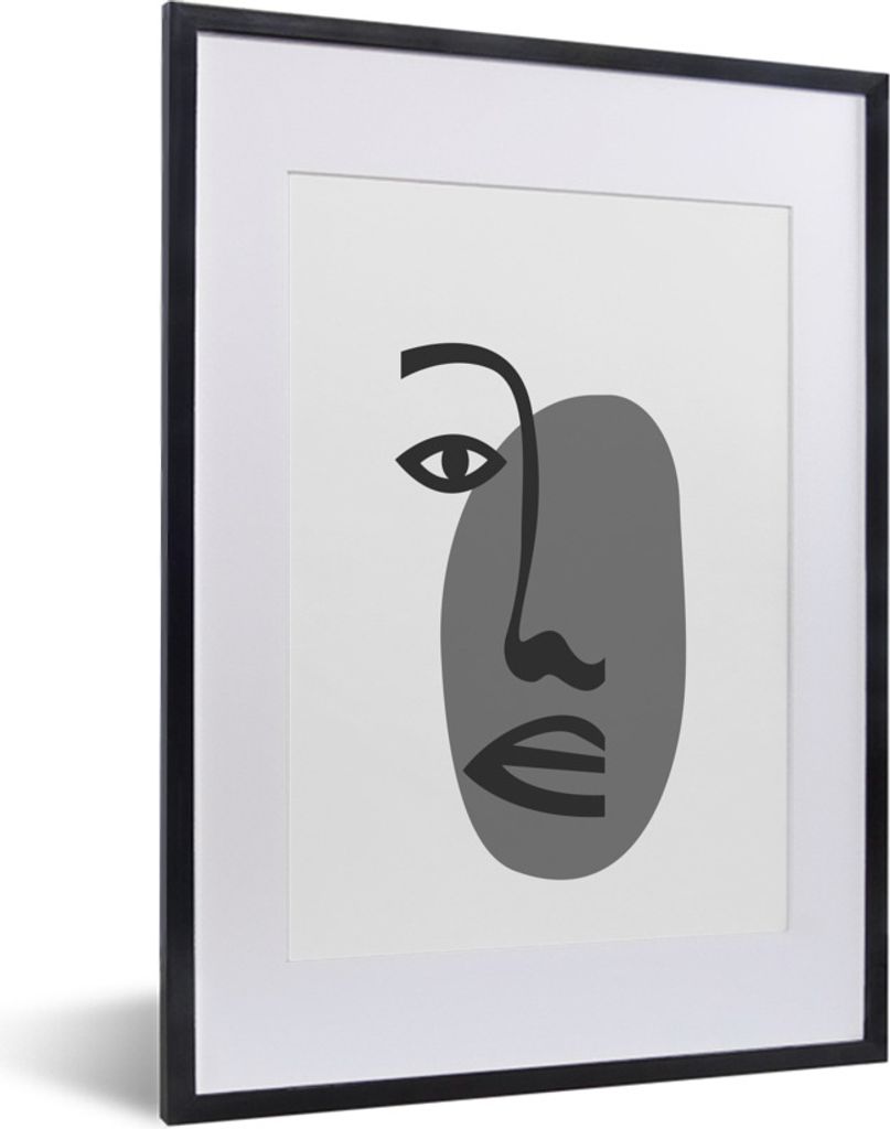MuchoWow Gerahmtes Poster Gesicht - Strichzeichnung - Schwarz - Weiß 30x40 cm - Poster mit Schwarzem Bilderrahmen Wandposter Rahmen Foto Bilder ...