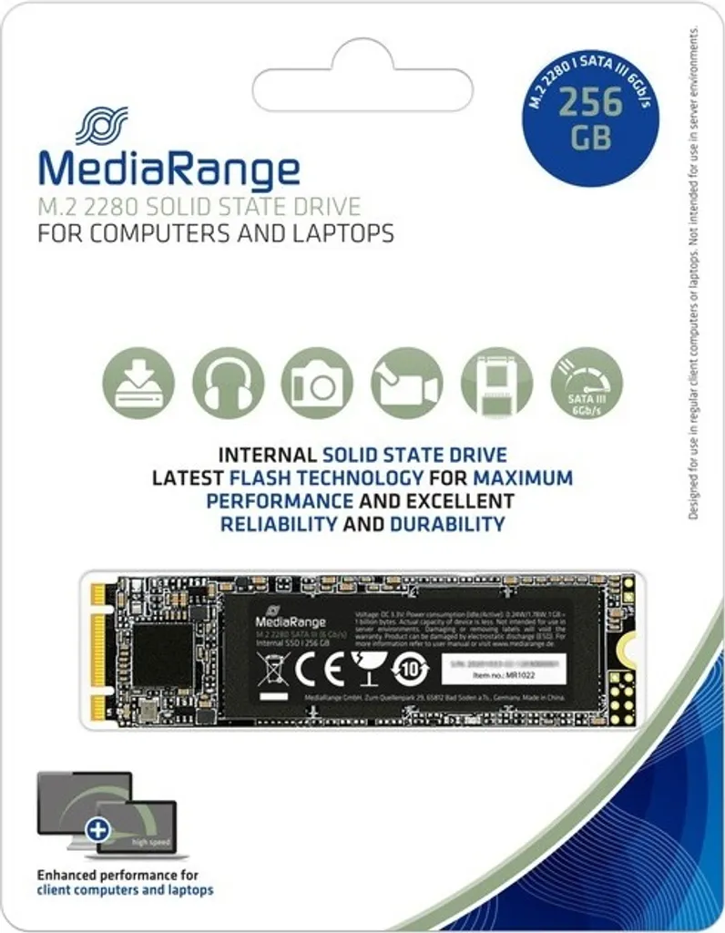 Disque SSD M.2 256 Go MediaRange MR1022 avec technologie 3D TLC NAND