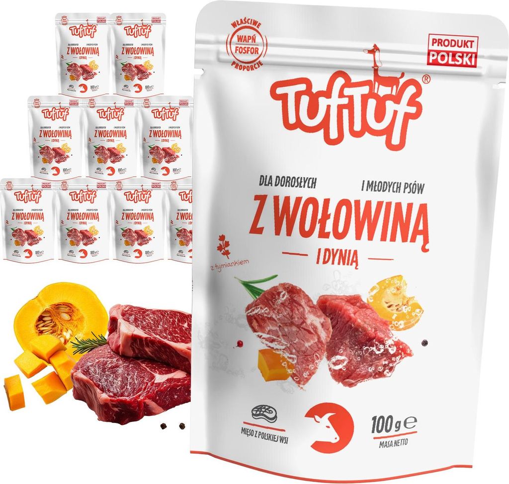 TufTuf Nassfutter für Hunde, Beutel, Rinderhackfleisch, Kürbis, 10 x 100 g