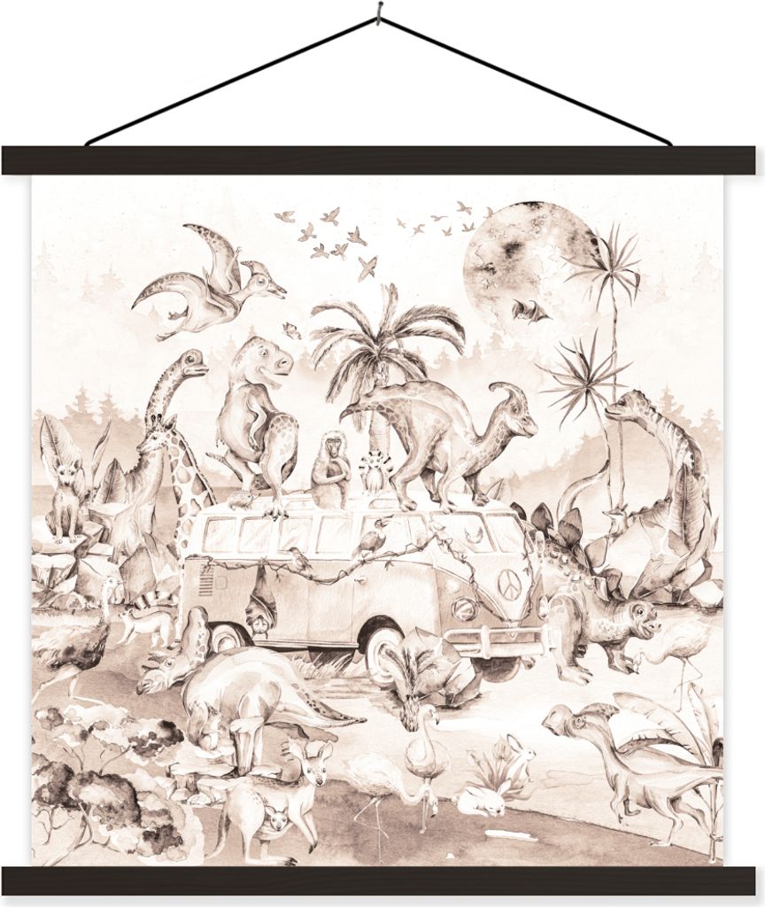 MuchoWow Textilposter Dinosaurier - Bus - Kinder - Tiere - Bäume 40x40 cm mit schwarzem Rahmen - Fotos