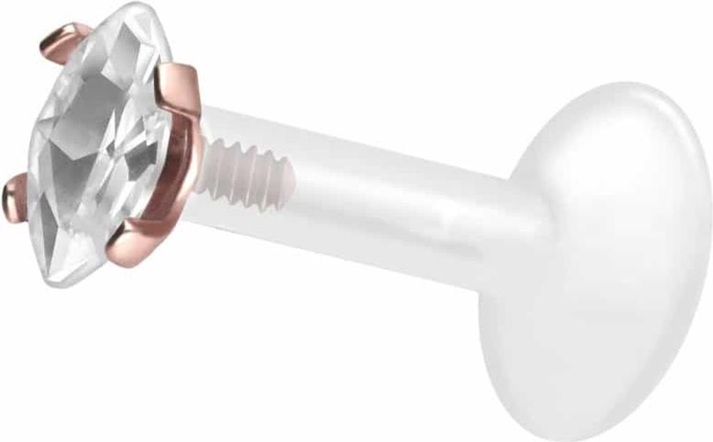 Ohrpiercing, Nasenpiercing PTFE Labret mit Innengewinde + Titan-Aufsatz EINGEFASSTER KRISTALLTROPFEN RoséGold Stablänge: 6mm | Stabstärke: 1,6mm...