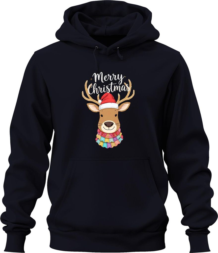 Merry Christmas Weihnachten Rentier Nikolausmütze niedlich bunt Uni Hoodie Kapuzenpullover, Navy, 3XL