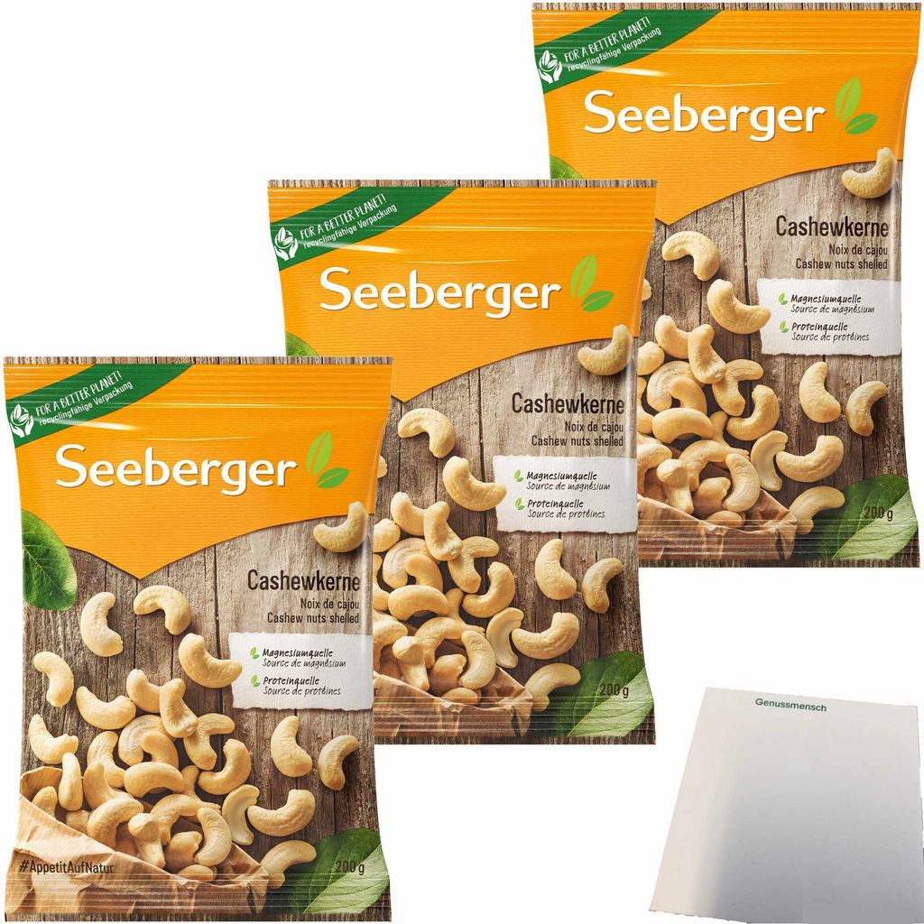 Seeberger Cashewkerne 3er Pack (3x200g Packung) + usy Block