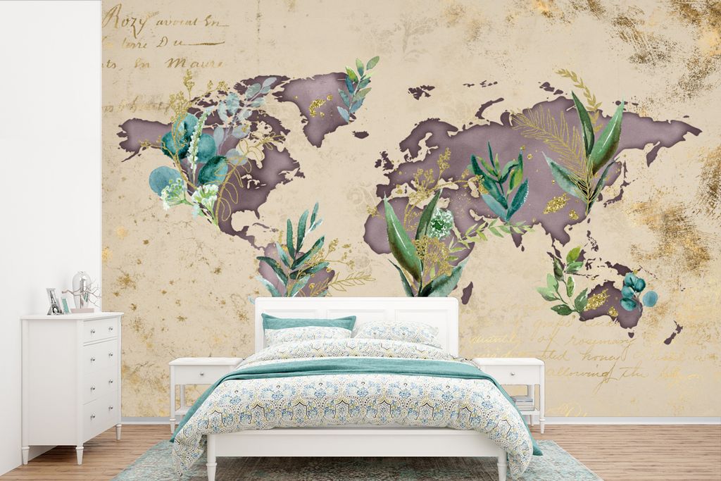 MuchoWow Fototapete für Wohnzimmer oder Schlafzimmer Wandtapete Vinyl Motivtapete Weltkarte - Vintage - Gold - 420x280 cm - Zimmer für Kinder