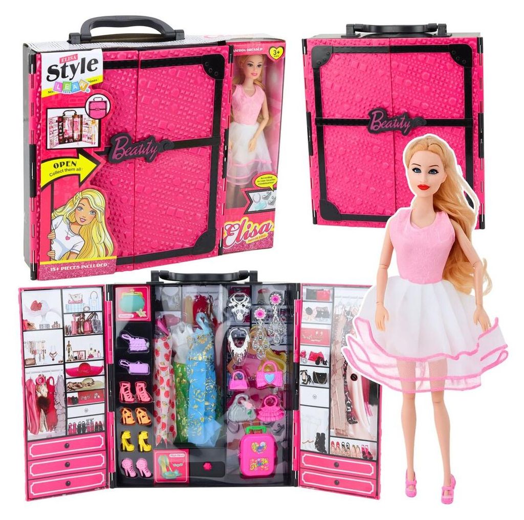 Rosa Puppengarderoben-Set, Kleider, Schuhe, Accessoires