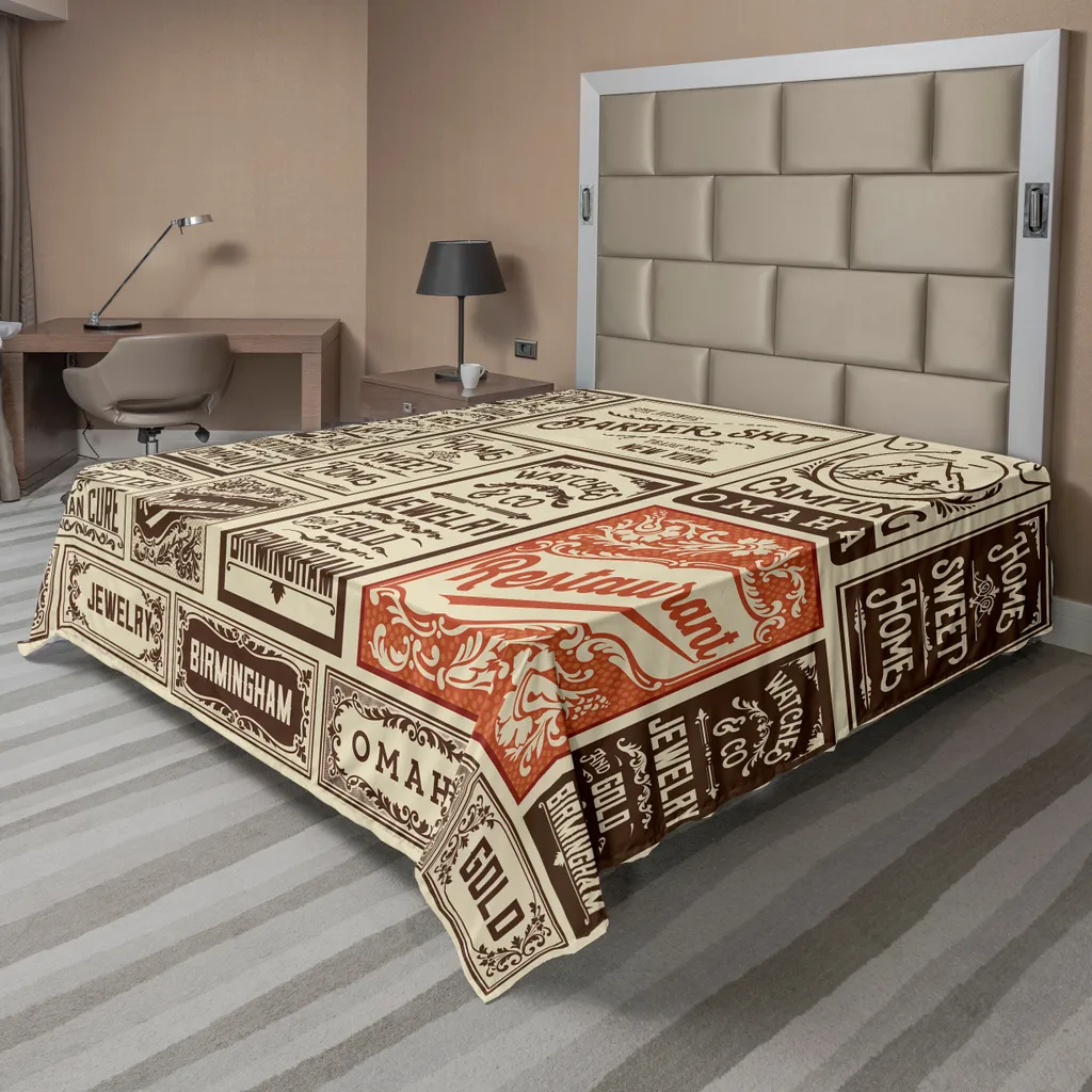 Drap plat ABAKUHAUS motifs publicitaires rétro crème et orange 260x228 cm