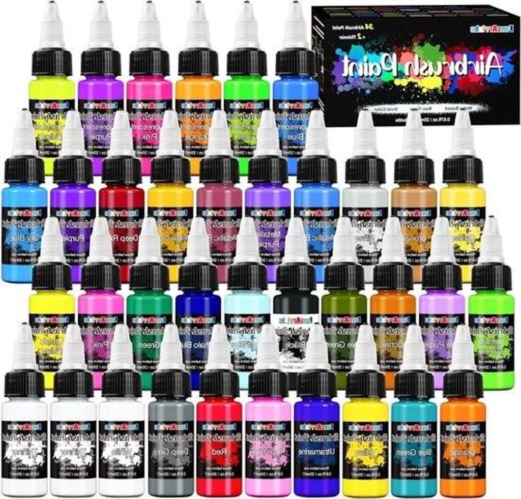 34-Farben-Airbrush-Farben-Set – Acrylfarben auf Wasserbasis mit 2 Verdünnern – Perlmuttfarben – Premium-Set für Anfänger – DIY-Projekte ...