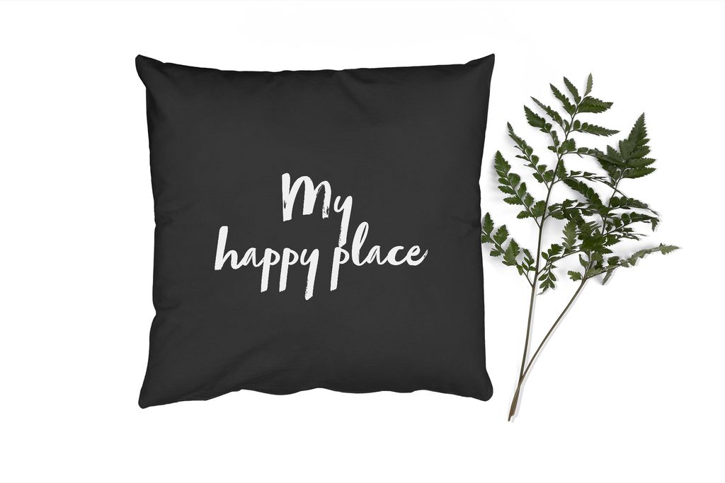 MuchoWow Zierkissen Sofakissen Wohnzimmer Dekokissen 60x60 cm Zitate - Text - Mein glücklicher Ort - Sitzfläche - Foto Polster