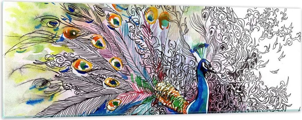 Bilder auf glas - Pfau Feder Farbe - 90x30cm - Glasbilder - Wandbilder - Kunstdruck - zum Aufhängen bereit - Wanddekoration aus Glas - Glas Bilder...